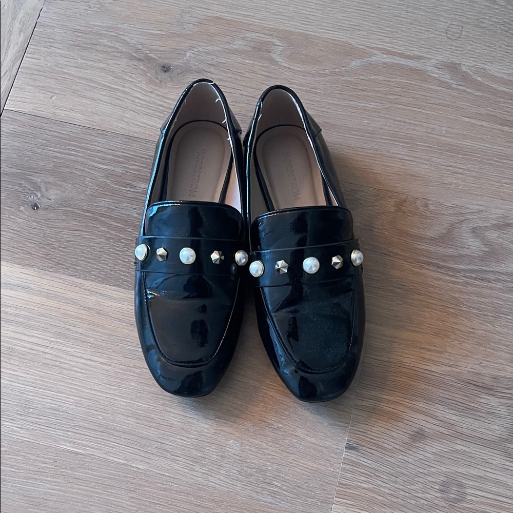 Black Patent Leather Loafers with Pearl Accents
